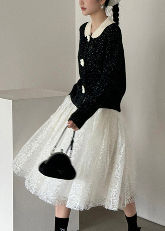 French Black Peter Pan Collar Button Knit Cardigan Spring