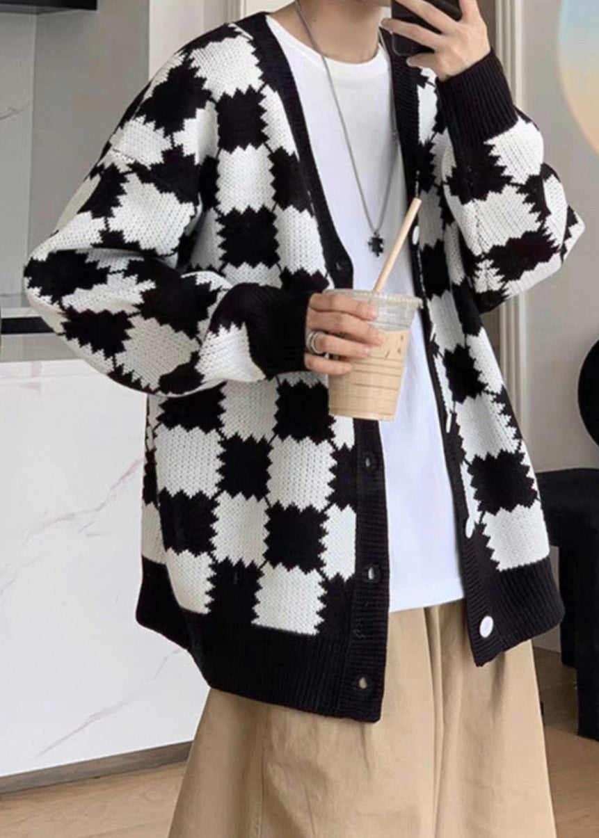French Black Plaid Button Knit Coats Spring