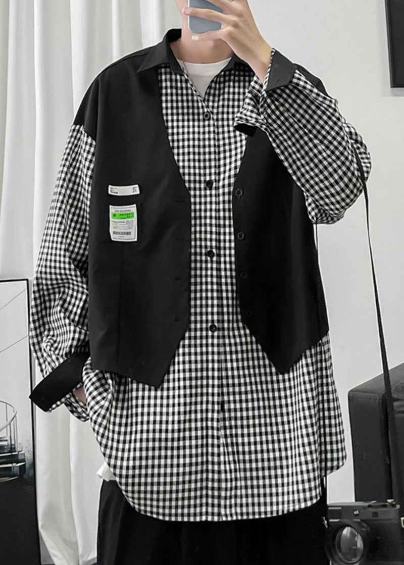 French Black Plaid False Two Pieces Patchwork Cotton Shirts Spring