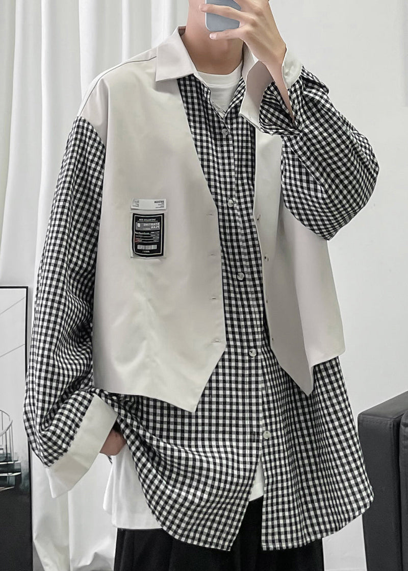 French Black Plaid False Two Pieces Patchwork Cotton Shirts Spring
