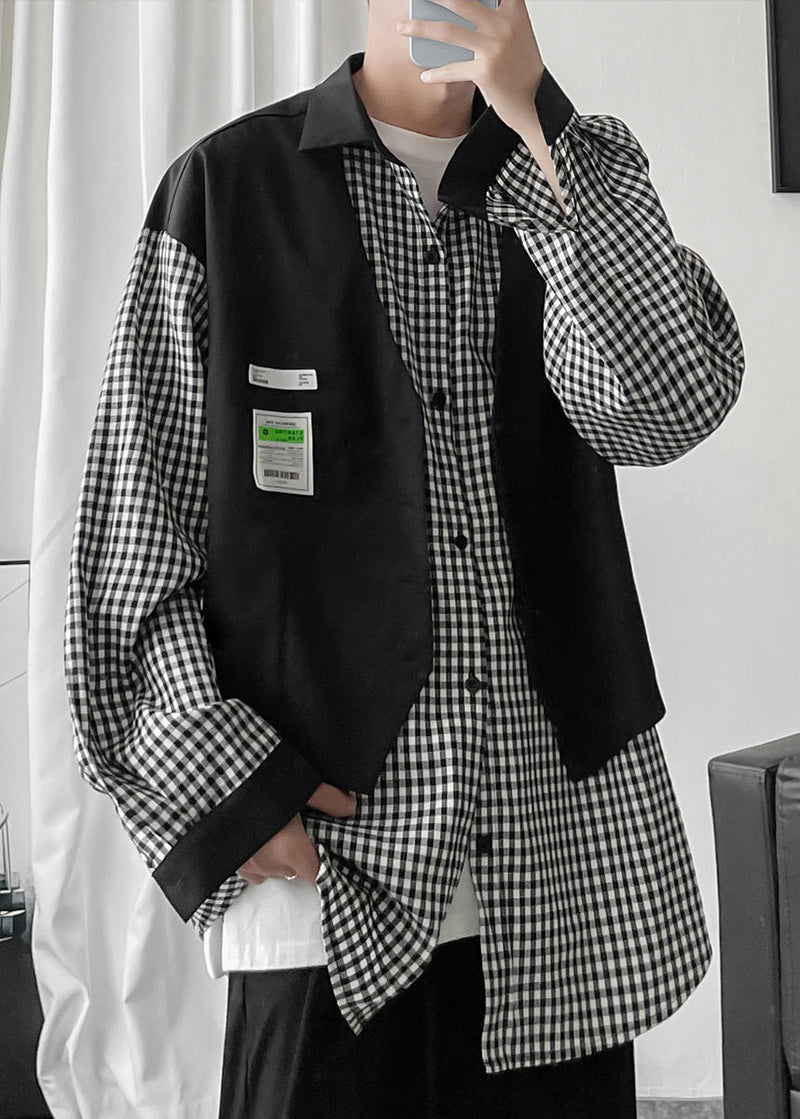 French Black Plaid False Two Pieces Patchwork Cotton Shirts Spring
