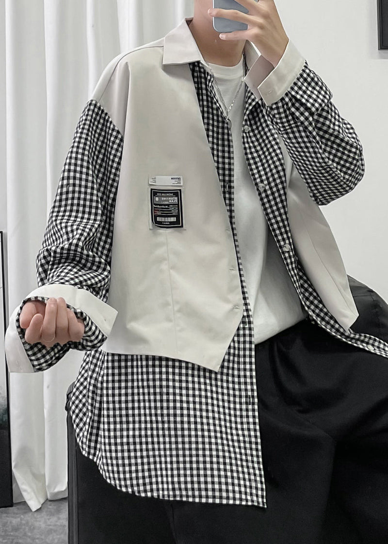French Black Plaid False Two Pieces Patchwork Cotton Shirts Spring
