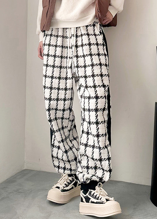 French Black Plaid Pockets Patchwork Cotton Pants Spring