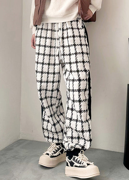 French Black Plaid Pockets Patchwork Cotton Pants Spring