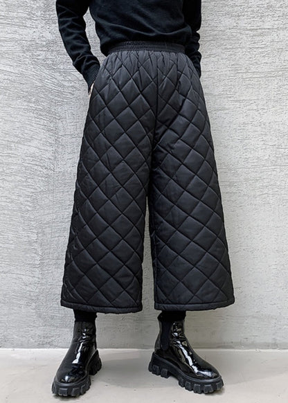 French Black Pockets Elastic Waist Cotton Filled Wide Leg Pants Spring