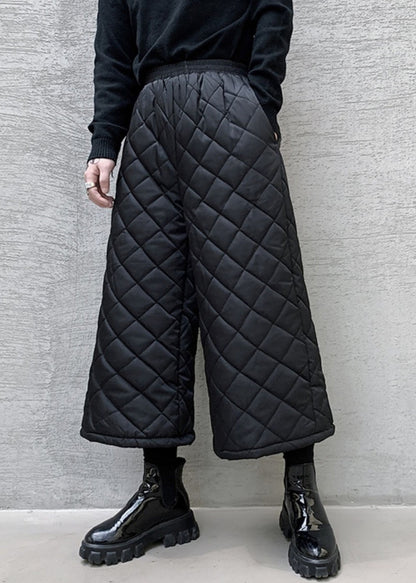 French Black Pockets Elastic Waist Cotton Filled Wide Leg Pants Spring