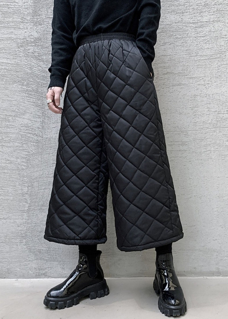 French Black Pockets Elastic Waist Cotton Filled Wide Leg Pants Spring