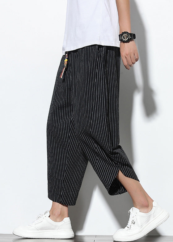 French Black Pockets Elastic Waist Cotton Harem Pants
