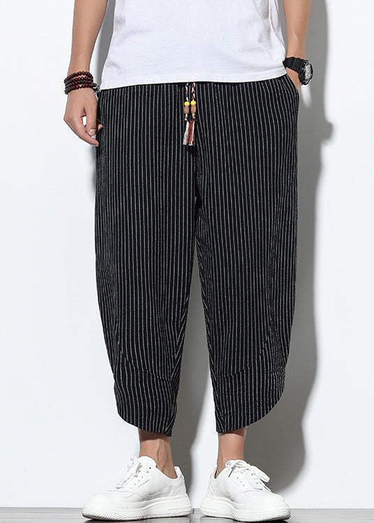 French Black Pockets Elastic Waist Cotton Harem Pants