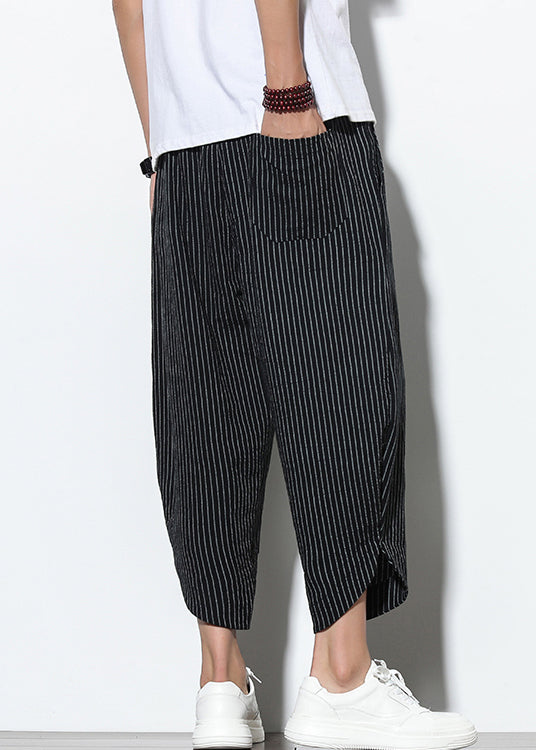 French Black Pockets Elastic Waist Cotton Harem Pants