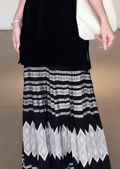 French Black Print Exra Large Hem Pleated Skirts Spring