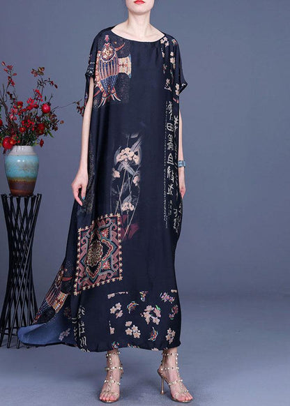 French Black Print Side Open Silk Long Dress Summer