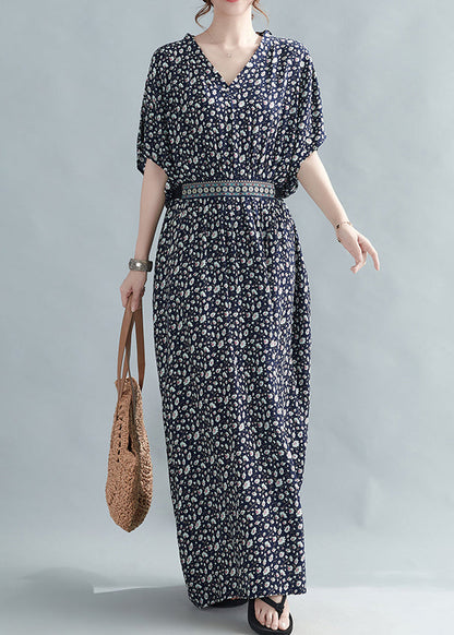 French Black Print Tie Waist Cottonlong Dress Batwing Sleeve
