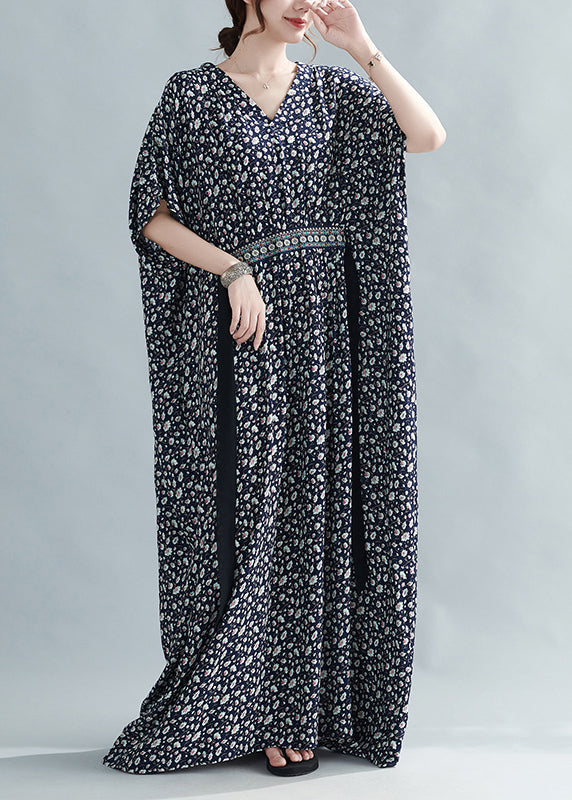French Black Print Tie Waist Cottonlong Dress Batwing Sleeve