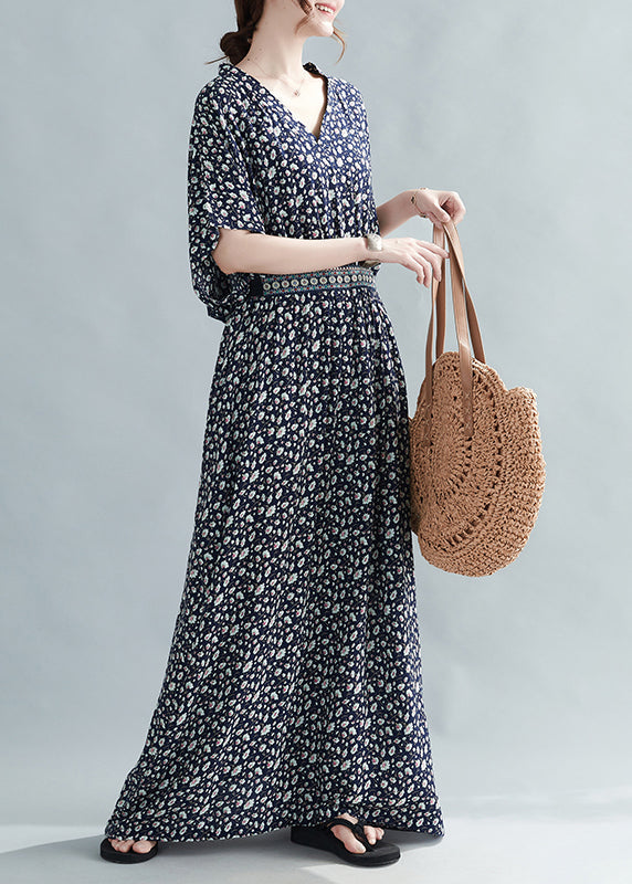 French Black Print Tie Waist Cottonlong Dress Batwing Sleeve