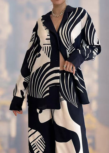 French Black Print Tops and Pants Two Pieces Summer