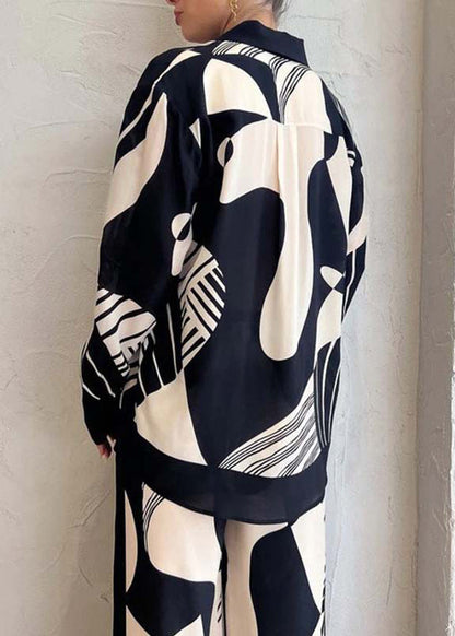 French Black Print Tops and Pants Two Pieces Summer