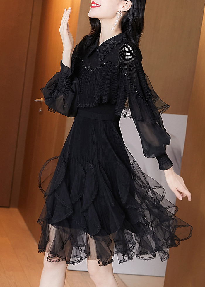 French Black Ruffled Asymmetrical Patchwork Tulle Dress Spring
