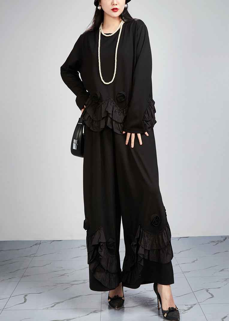 French Black Ruffled Patchwork Tops and Wide Leg Pants Cotton Two Pieces Set Fall