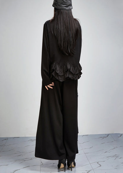 French Black Ruffled Patchwork Tops and Wide Leg Pants Cotton Two Pieces Set Fall