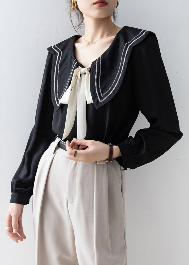 French Black Sailor Collar Bow Chiffon Shirt Top Spring