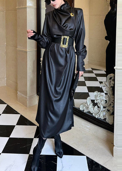 French Black Sashes Side Open Silk Long Dresses Spring