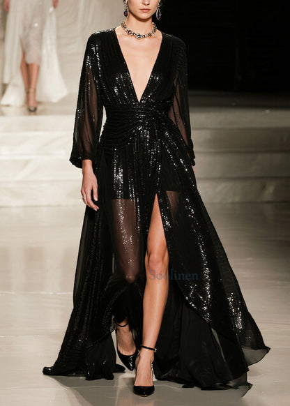French Black Sequins Exra Large Hem Side Open Tulle Party Dresses Summer