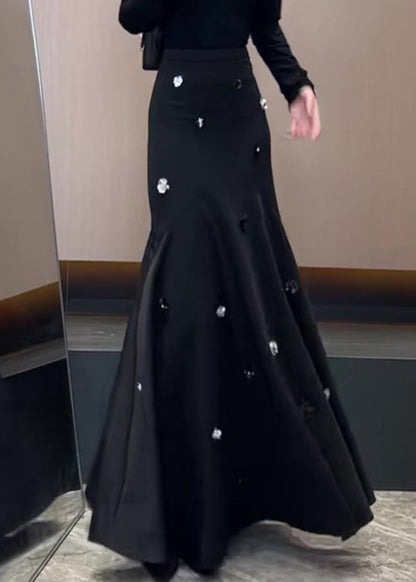 French Black Sequins High Waist Cotton Skirt Spring