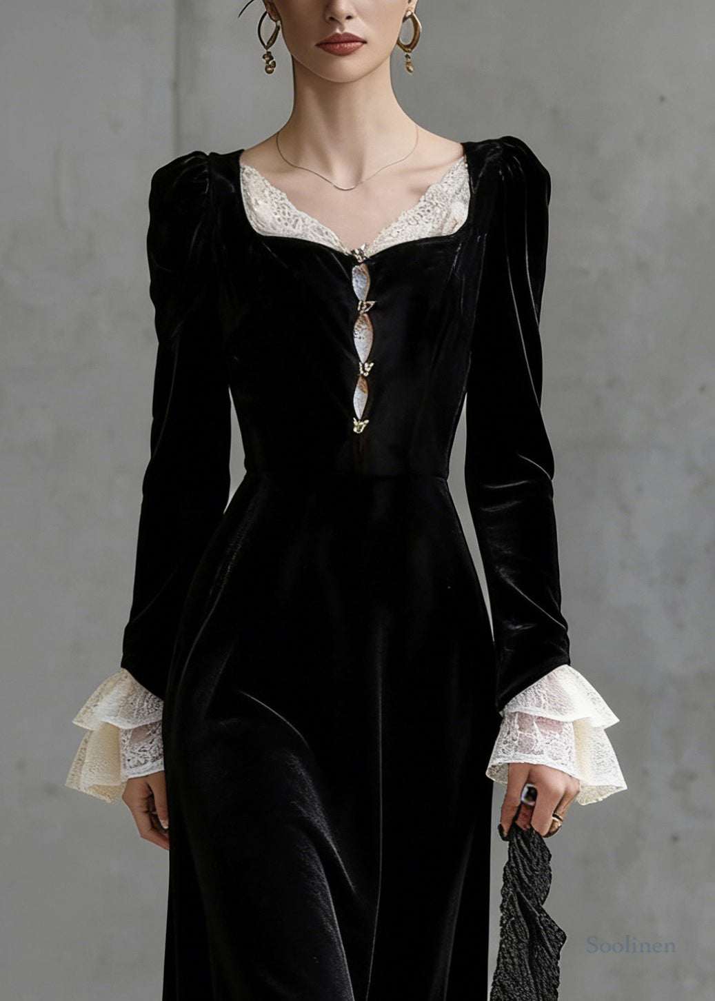 French Black Square Collar Lace Patchwork Silk Velvet Long Dress Flare Sleeve
