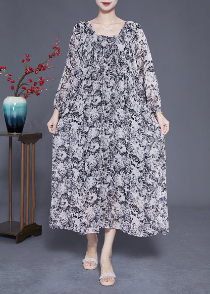 French Black Square Collar Oversized Print Chiffon Long Dress Lantern Sleeve