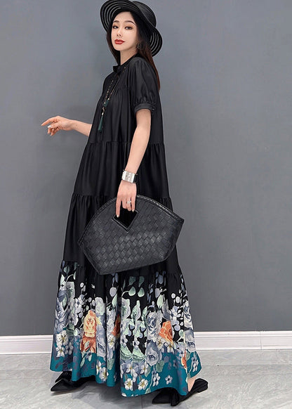 French Black Stand Collar Print Wrinkled Patchwork Cotton Long Dress Short Sleeve