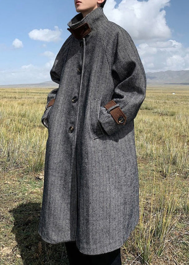 French Black Stand Collar Pockets Thick Woolen Coats Winter