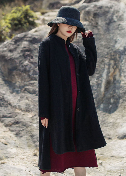 French Black Stand Collar Low High Design Woolen Coats Winter