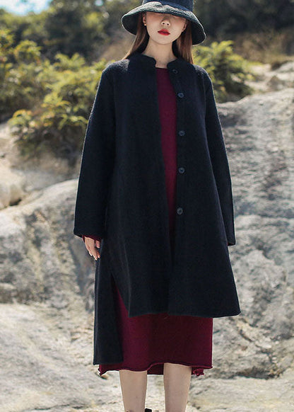 French Black Stand Collar Low High Design Woolen Coats Winter