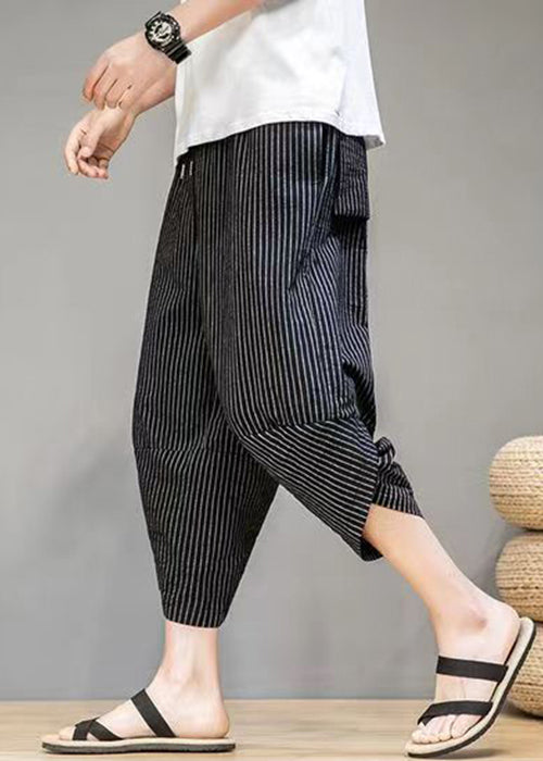 French Black Striped Pockets Cotton Crop Pants Summer