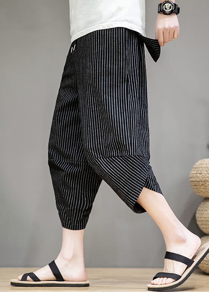 French Black Striped Pockets Cotton Crop Pants Summer