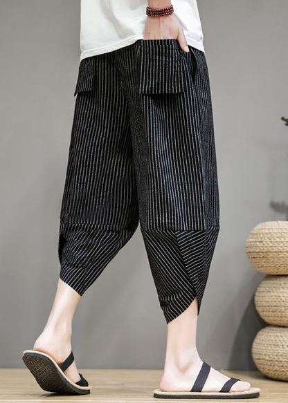 French Black Striped Pockets Cotton Crop Pants Summer