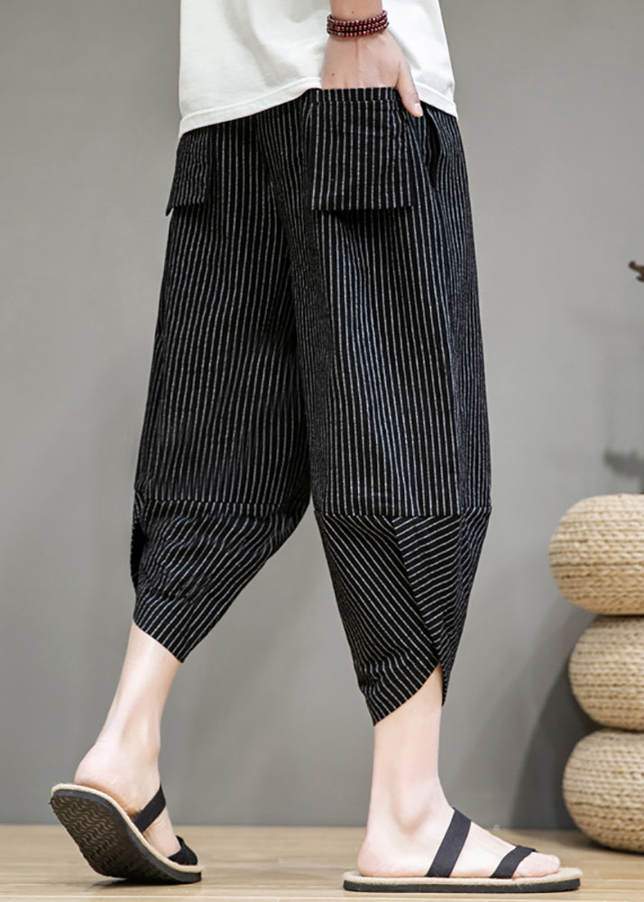 French Black Striped Pockets Cotton Crop Pants Summer