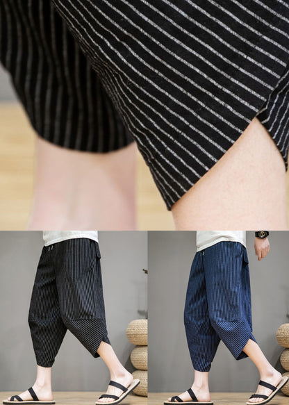 French Black Striped Pockets Cotton Crop Pants Summer
