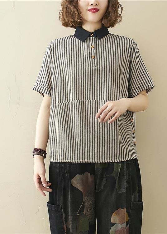 French Black Striped Turn-down Collar Linen Summer Top