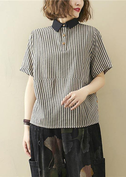 French Black Striped Turn-down Collar Linen Summer Top