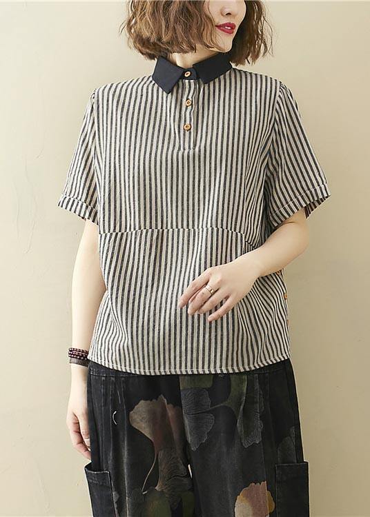 French Black Striped Turn-down Collar Linen Summer Top