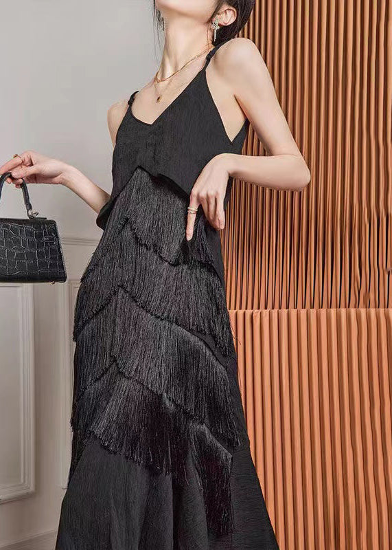 French Black Tasseled Vacation Strap Fishtail Dress Summer