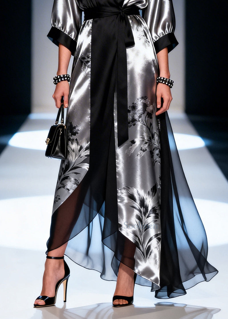French Black Tie Waist Patchwork Chiffon Long Dress Summer