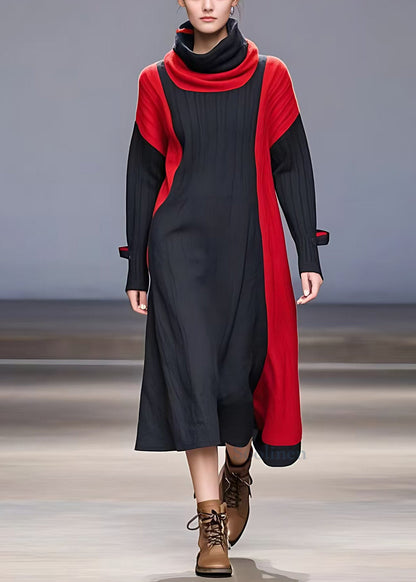 French Black Turtleneck Patchwork Cotton Dresses Long Sleeve