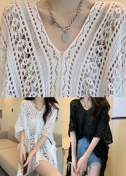 French Black V Neck Asymmetrical Knit Shirts Half Sleeve