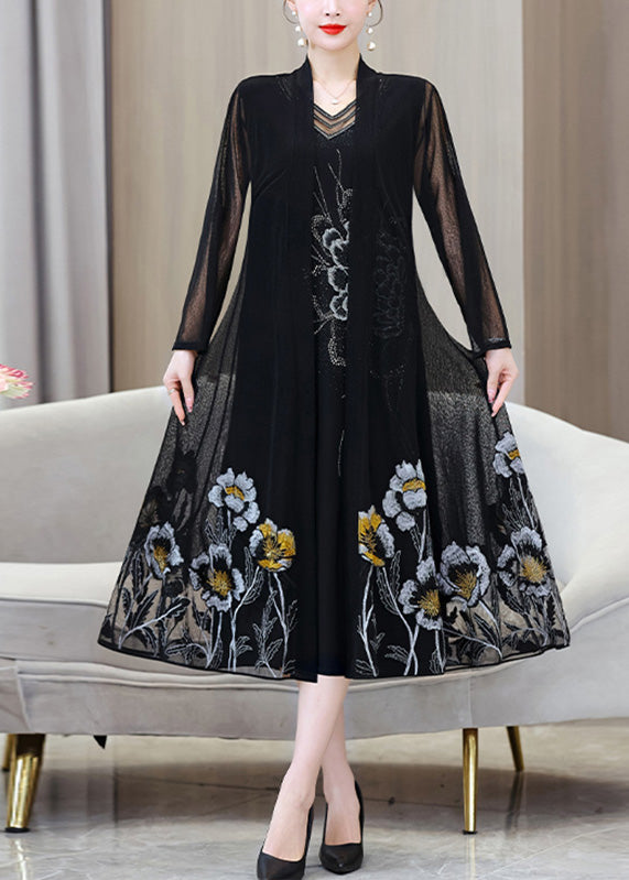 French Black V Neck Embroideried Ice Silk Long Sunscreen Cardigans Summer
