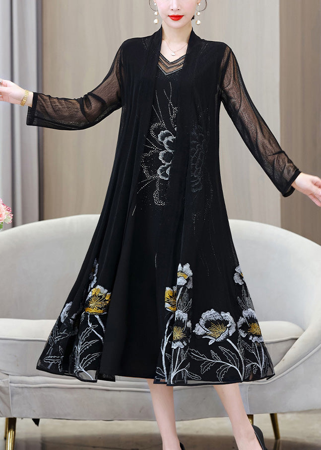 French Black V Neck Embroideried Ice Silk Long Sunscreen Cardigans Summer