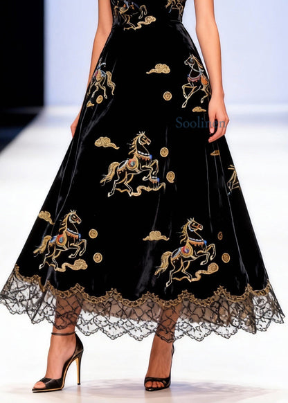 French Black V Neck Horse Lace Patchwork Silk Velvet Long Dress Sleeveless