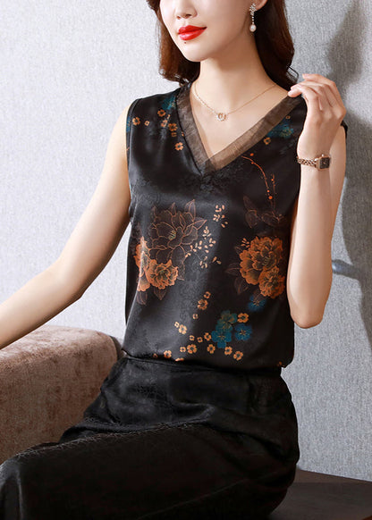 French Black V Neck Organza Patchwork Print Silk Vests Sleeveless